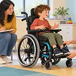 A child tries a fitted wheelchair while a clinician checks support and listens to feedback
