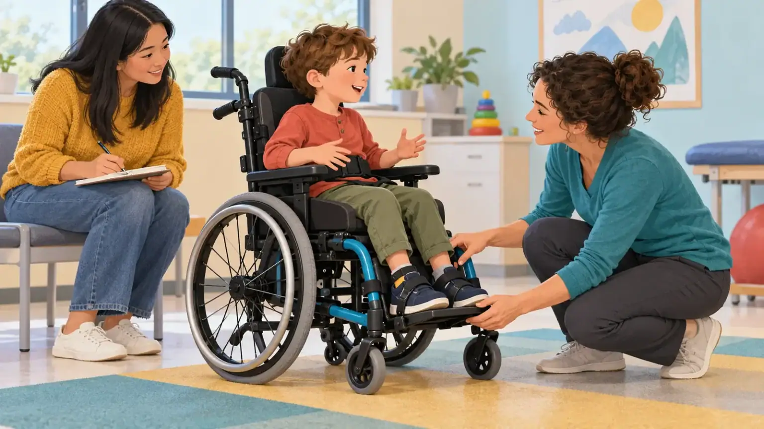 A child tries a fitted wheelchair while a clinician checks support and listens to feedback