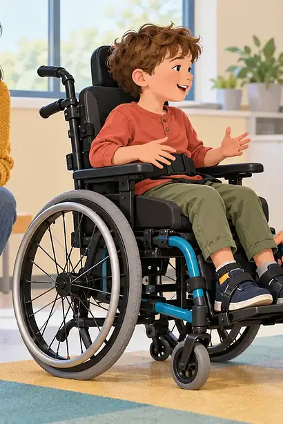 A child tries a fitted wheelchair while a clinician checks support and listens to feedback