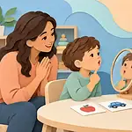 Child practising a speech movement with a therapist using a mirror while a caregiver joins in