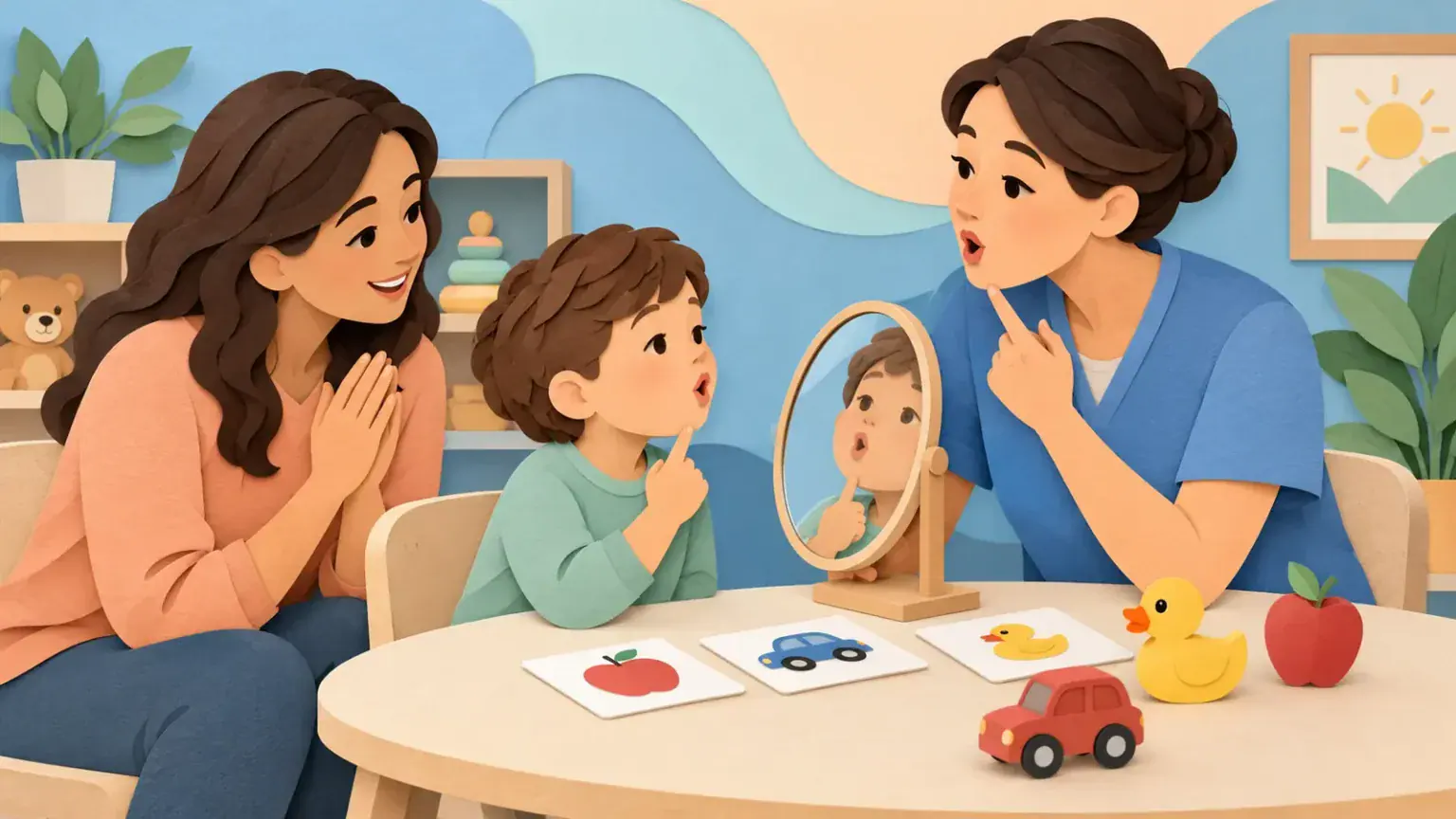 Child practising a speech movement with a therapist using a mirror while a caregiver joins in