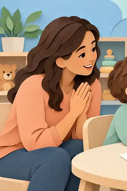 Child practising a speech movement with a therapist using a mirror while a caregiver joins in