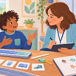 A child explains a goal while a caregiver and therapist compare a tablet, keyboard, stylus and simple task cards