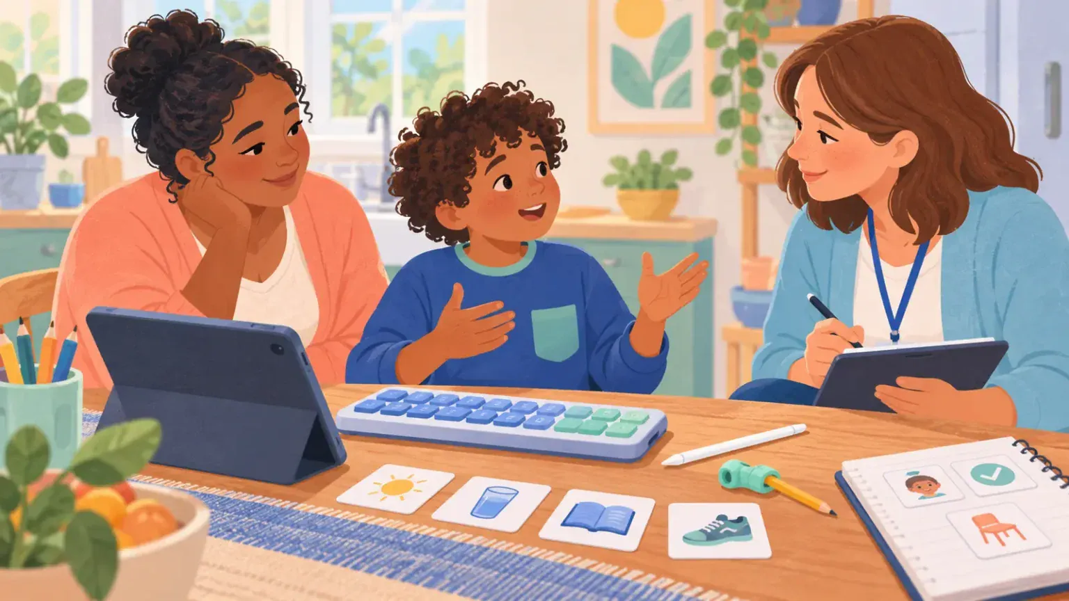 A child explains a goal while a caregiver and therapist compare a tablet, keyboard, stylus and simple task cards