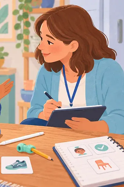 A child explains a goal while a caregiver and therapist compare a tablet, keyboard, stylus and simple task cards