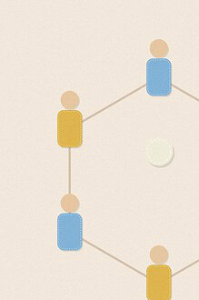 Felt appliqué style illustration of colourful soft rounded figures with dashed stitch borders, arranged for the activity 'Circle Goal: a compact, no-running football game'