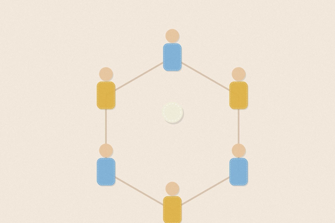 Felt appliqué style illustration of colourful soft rounded figures with dashed stitch borders, arranged for the activity 'Circle Goal: a compact, no-running football game'