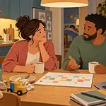 Two co-parents listen to each other over tea and a household calendar after bedtime