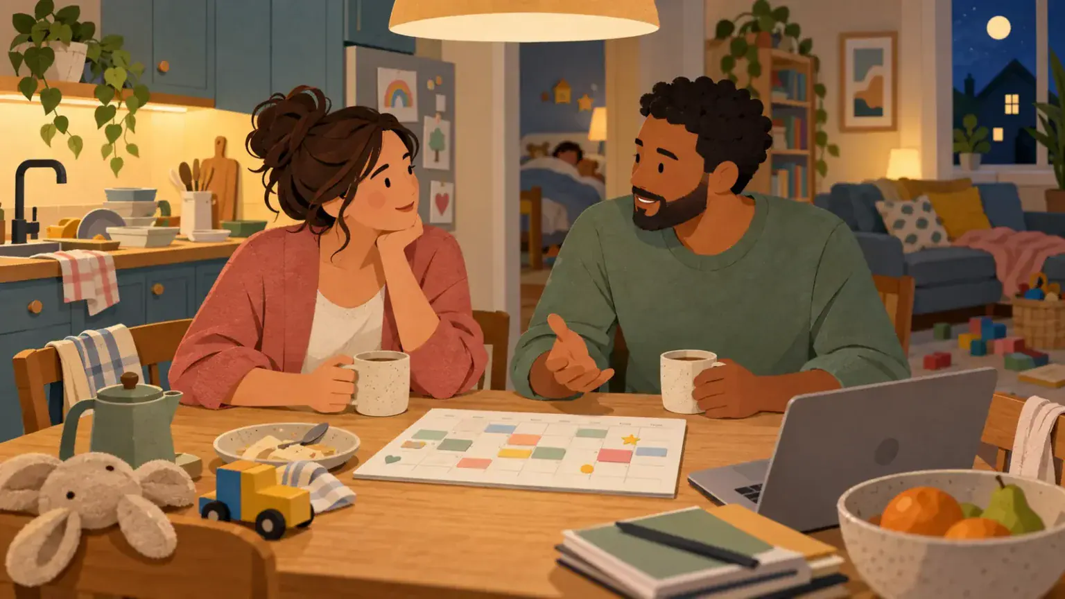 Two co-parents listen to each other over tea and a household calendar after bedtime