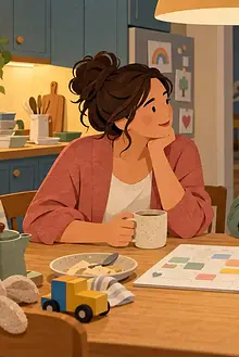 Two co-parents listen to each other over tea and a household calendar after bedtime