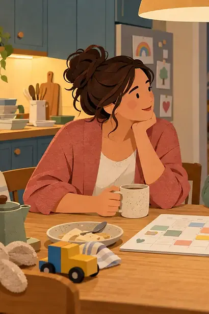 Two co-parents listen to each other over tea and a household calendar after bedtime