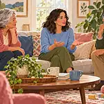 A parent calmly discusses a parenting boundary with two older relatives while a child plays nearby