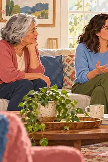 A parent calmly discusses a parenting boundary with two older relatives while a child plays nearby