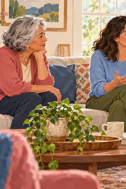 A parent calmly discusses a parenting boundary with two older relatives while a child plays nearby