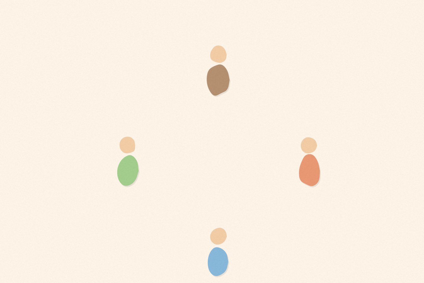 Soft organic blob style illustration with rounded pastel shapes for the activity 'Continue the Story: turning a group of children into genuine storytellers'