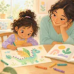 Pastel illustration of a child drawing an invented dragon beside a picture book