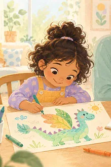 Pastel illustration of a child drawing an invented dragon beside a picture book