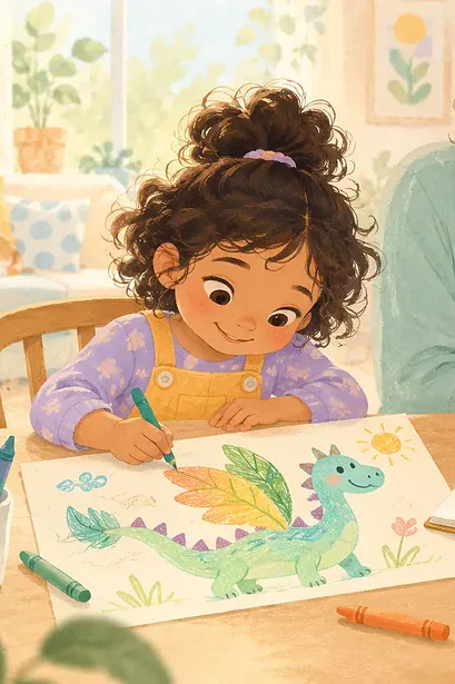 Pastel illustration of a child drawing an invented dragon beside a picture book