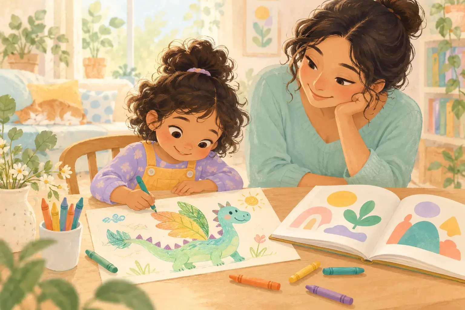 Pastel illustration of a child drawing an invented dragon beside a picture book