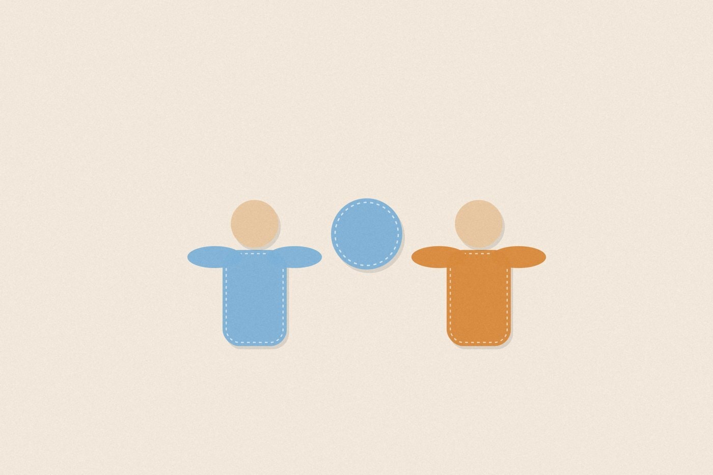 Felt appliqué style illustration of colourful soft rounded figures with dashed stitch borders, arranged for the activity 'Cross-Field Catch: a two-half frisbee passing game'