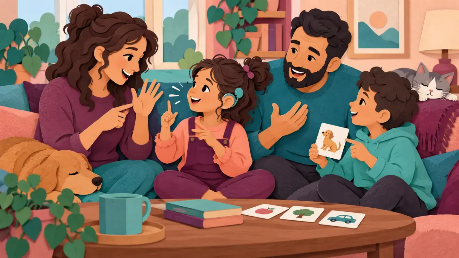 A deaf child and family communicating with signs, speech and picture cards during relaxed family time
