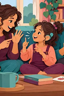 A deaf child and family communicating with signs, speech and picture cards during relaxed family time