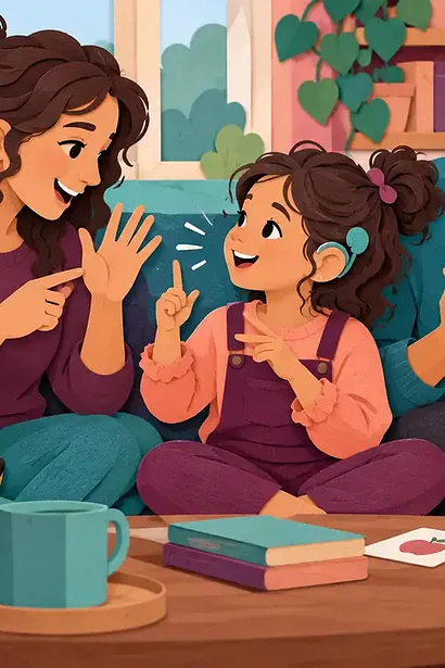 A deaf child and family communicating with signs, speech and picture cards during relaxed family time
