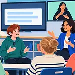 A deaf or hard-of-hearing student participating in class with captions, an interpreter and a remote microphone