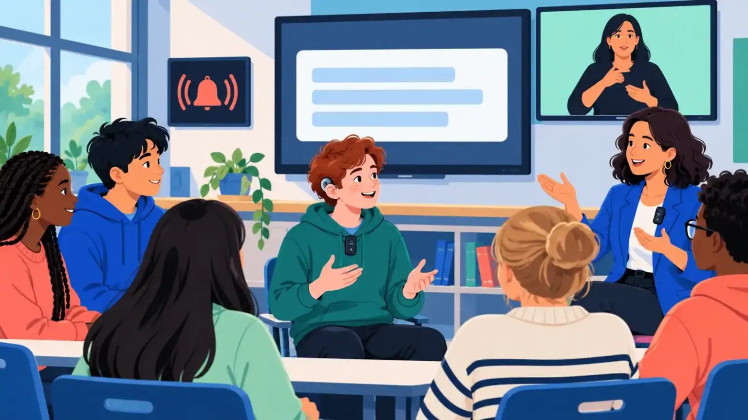 A deaf or hard-of-hearing student participating in class with captions, an interpreter and a remote microphone