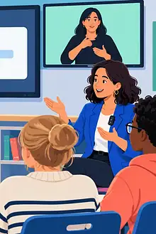 A deaf or hard-of-hearing student participating in class with captions, an interpreter and a remote microphone