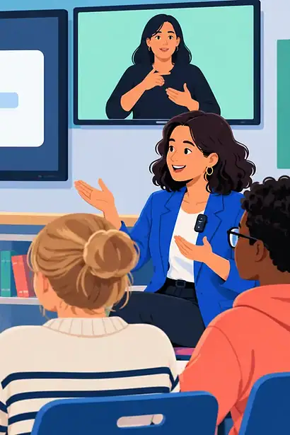 A deaf or hard-of-hearing student participating in class with captions, an interpreter and a remote microphone