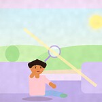 Illustration of a child in a car back seat holding a magnifying glass up to a sunny countryside window