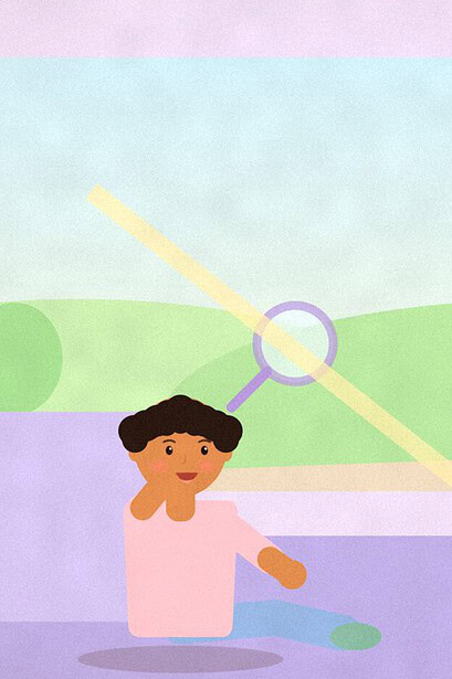 Illustration of a child in a car back seat holding a magnifying glass up to a sunny countryside window