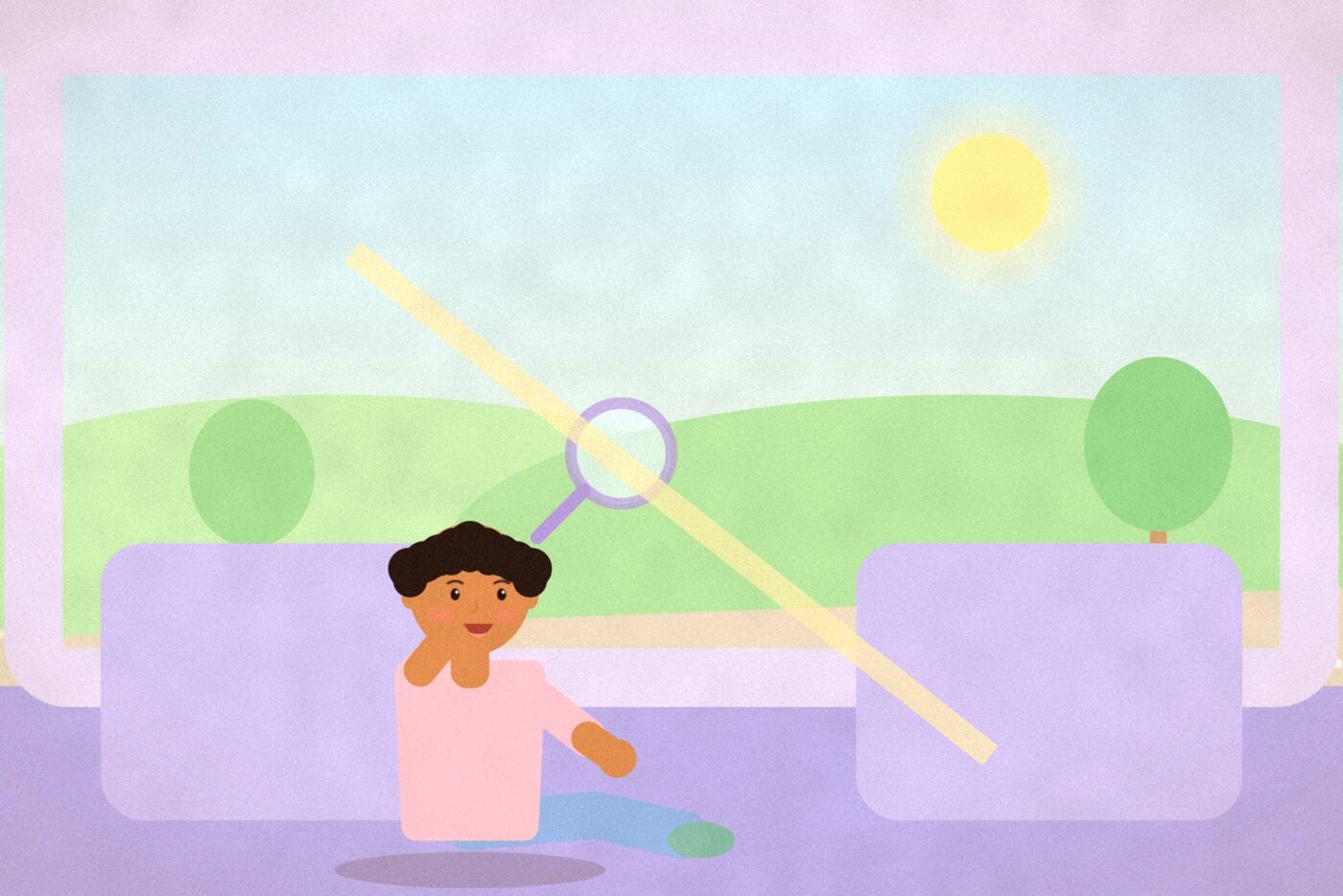 Illustration of a child in a car back seat holding a magnifying glass up to a sunny countryside window