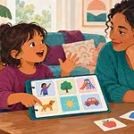School-age child using speech gesture and a picture board to tell a story to a caregiver