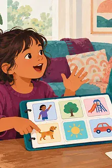 School-age child using speech gesture and a picture board to tell a story to a caregiver