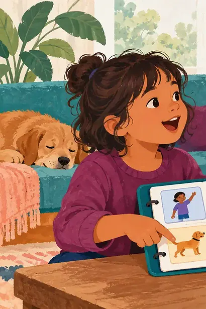 School-age child using speech gesture and a picture board to tell a story to a caregiver