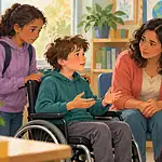 A wheelchair-using student talks with a parent and teacher while a supportive classmate stands nearby