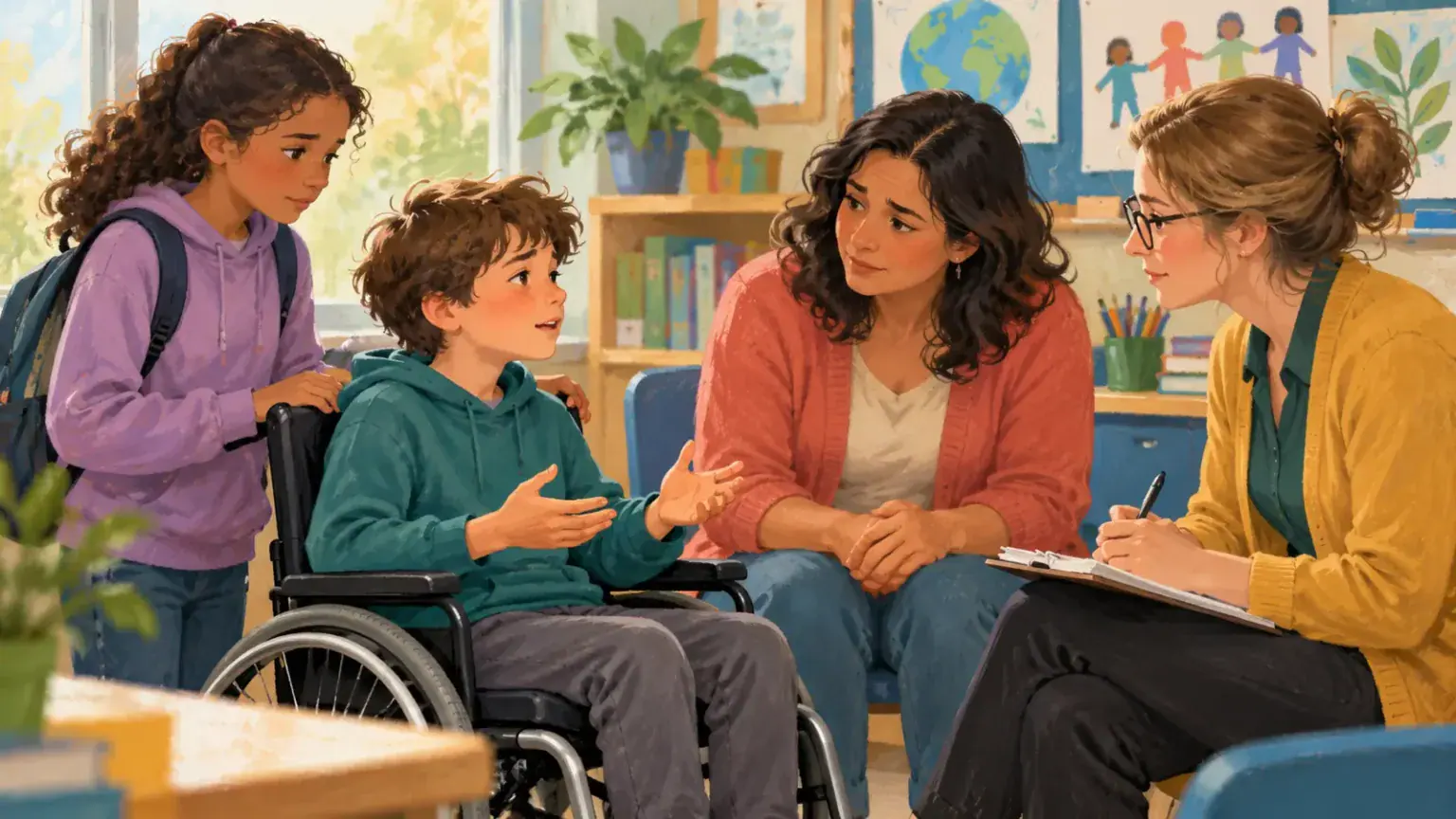 A wheelchair-using student talks with a parent and teacher while a supportive classmate stands nearby