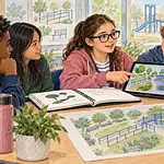 A low-vision student presents an accessible playground plan to a diverse school council