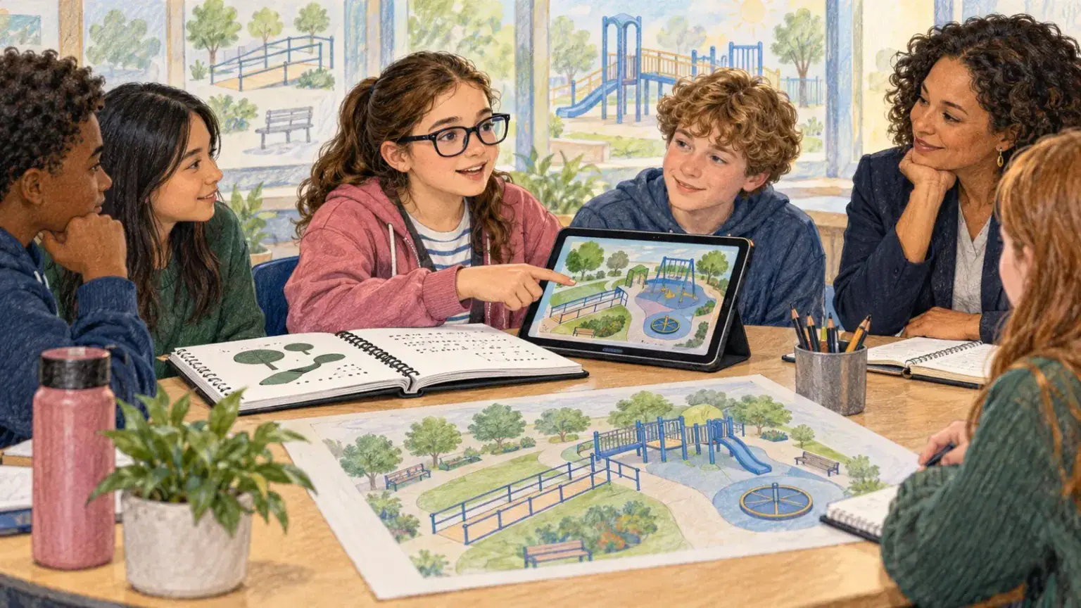 A low-vision student presents an accessible playground plan to a diverse school council