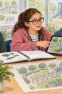 A low-vision student presents an accessible playground plan to a diverse school council