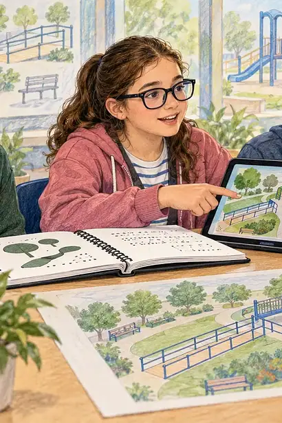 A low-vision student presents an accessible playground plan to a diverse school council