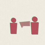 Duotone risograph-style illustration of two figures facing each other with an overlapping speech bubble shape between them