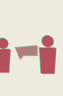 Duotone risograph-style illustration of two figures facing each other with an overlapping speech bubble shape between them
