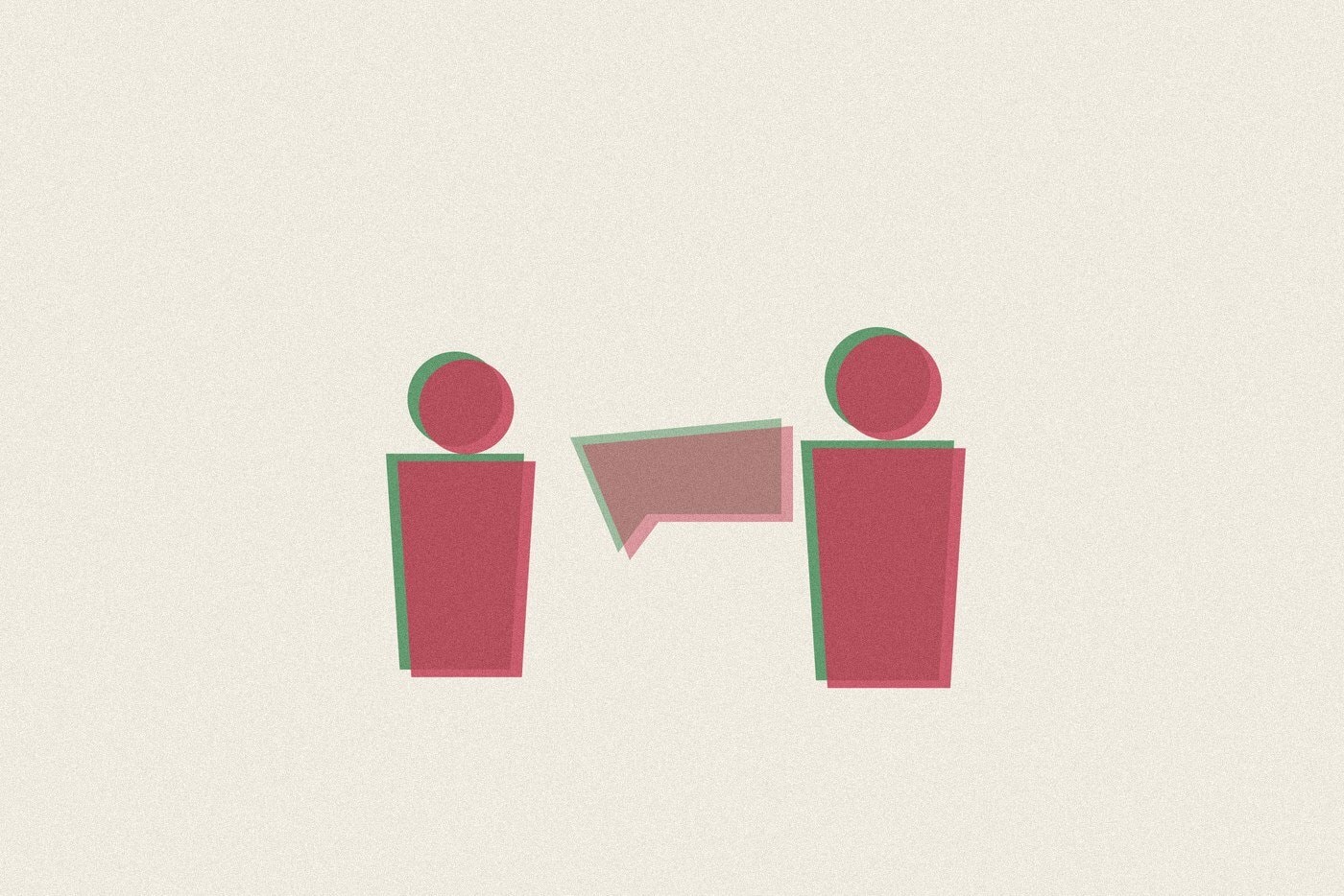 Duotone risograph-style illustration of two figures facing each other with an overlapping speech bubble shape between them