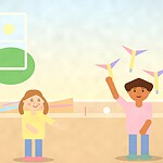 Illustration of two children at a kitchen counter with paper helicopters spinning in the air, an ice cube ramp and a ball ready for a straw race