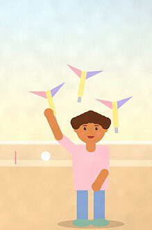 Illustration of two children at a kitchen counter with paper helicopters spinning in the air, an ice cube ramp and a ball ready for a straw race