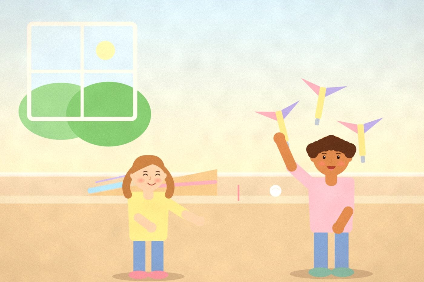 Illustration of two children at a kitchen counter with paper helicopters spinning in the air, an ice cube ramp and a ball ready for a straw race