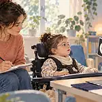 Child with low vision taking part in an accessible vision assessment while a caregiver observes